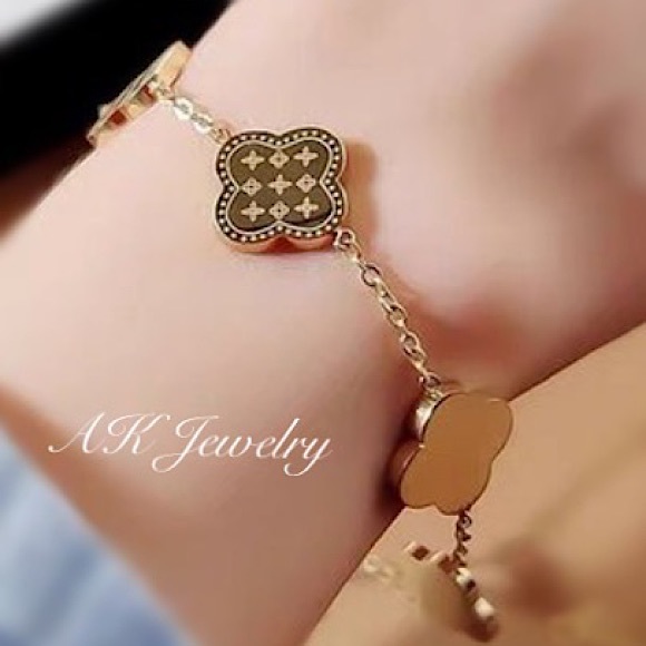 💎18k BRACELET Gold Clover 5 Motifs Flower Bracelet Etched Gold Plated - Picture 5 of 7